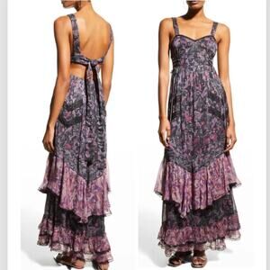 Rococo Sand Nott Sweetheart Tiered Metallic Purple Paisley Maxi Dress Size S